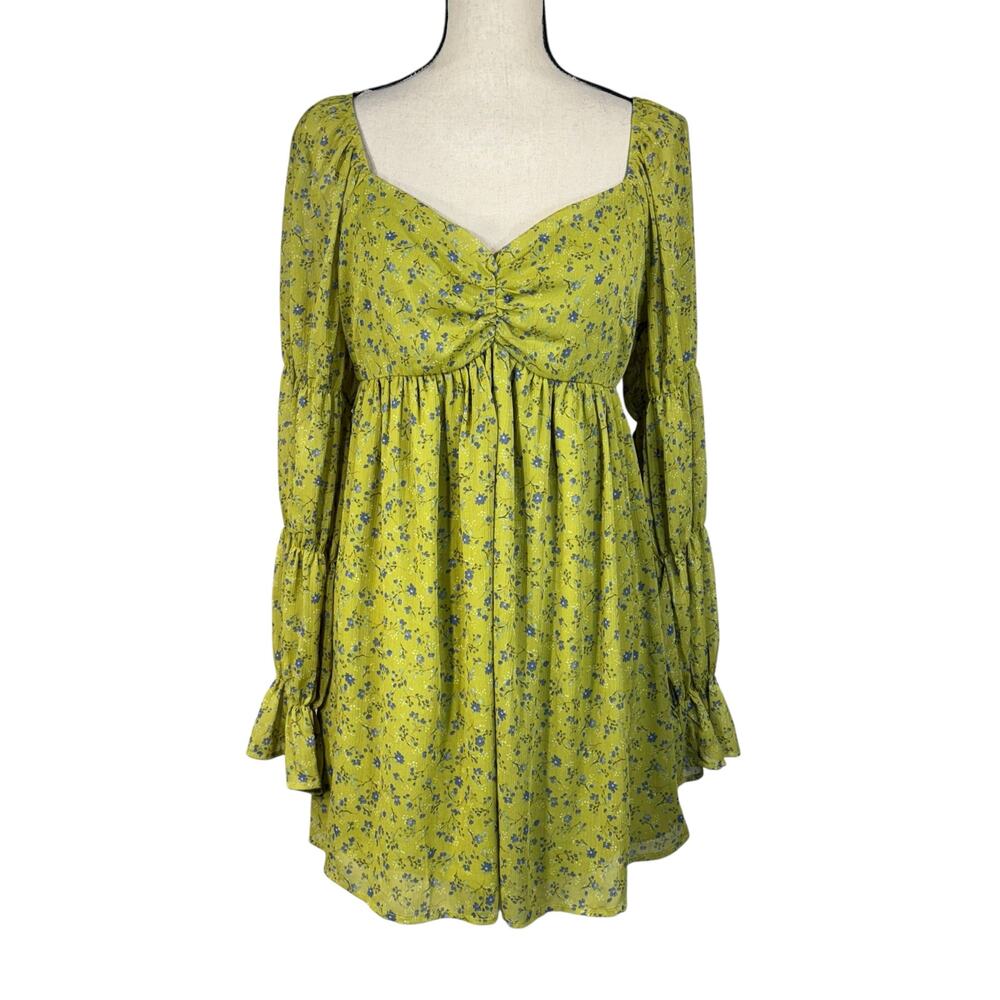 Wild Fable Medium Mini Dress Floral Lined Long Sleeve Sweetheart Neckline Green